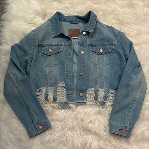 Blue Distressed Denim Cropped Jacket